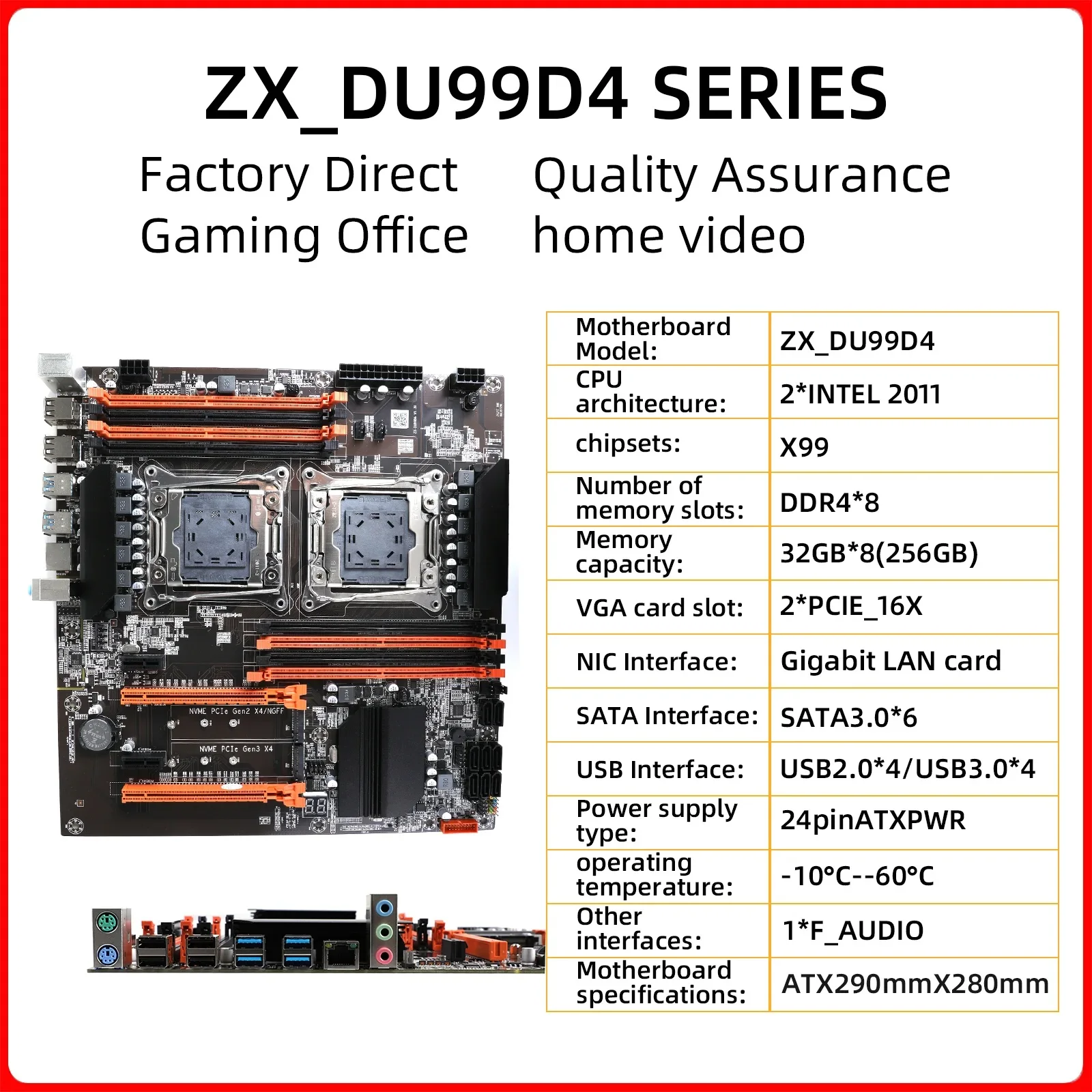 X99 Dual CPU Motherboard, ZX-DU99D4X8, V1.1 Slot, Intel X99 Chip, Supports LGA 2011 and LGA 2011-3 CPUs, DDR4 RAM