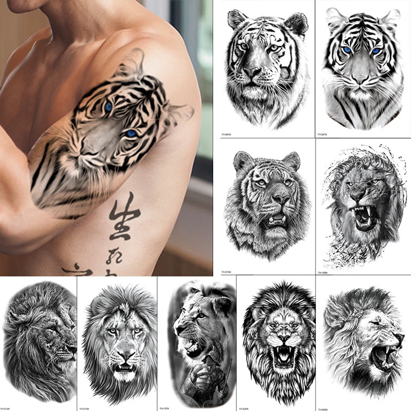 Compass Lion Temporary Tattoo Sticker For Men Women Flowers Tiger Wolf Demon Waterproof Fake Henna Skull Animal Body Art Tatoo