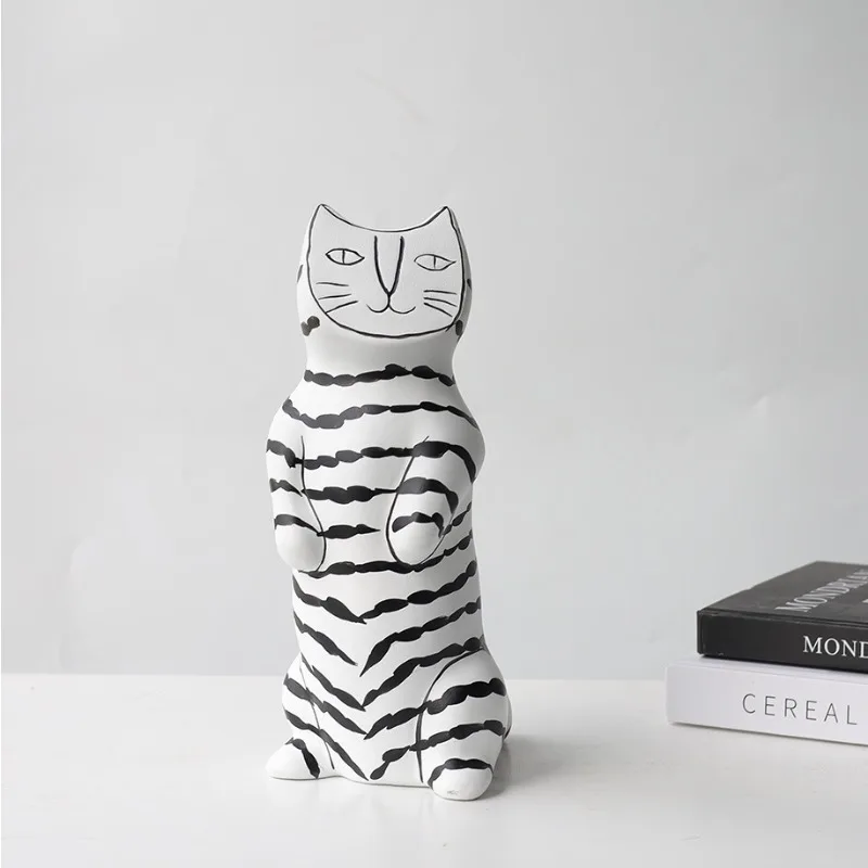 Figura de Gato Moderna Nórdica de Resina con Rayas Blancas y Negras, Linda Estatua de Animal de la Suerte para Decoración del Hogar, Sala de Estar, Entrada, TV