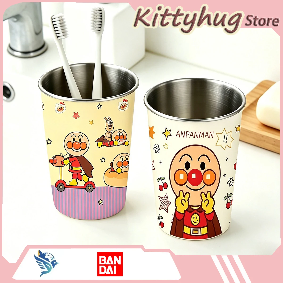 Bandai Anpanman Cute Cartoon  Toothbrush Cup 304 Stainless Steel Texture Broken-Resistant Anime Peripheral Interesting Gift