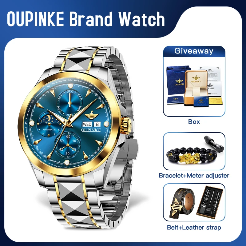 OUPINKE 3299 Mens Watch Original Brand Automatic Mechanical Watch﻿ Multifunctional Chronograph  50M Waterproof Watch For Men