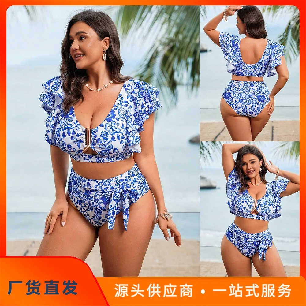 Woman 2026 Bikini Floral Print Ruffle Sleeve Neck Crop Top High Waisted Bottom Blue White Floral Print Two Piece Swimsuit