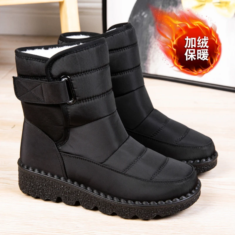 Kids Parent‑Child Snow Boots Mid‑Top Hook‑And‑Loop Closure Waterproof Non‑Slip Fleece‑Lined Warm Winter Cotton Boots For Boys Gi