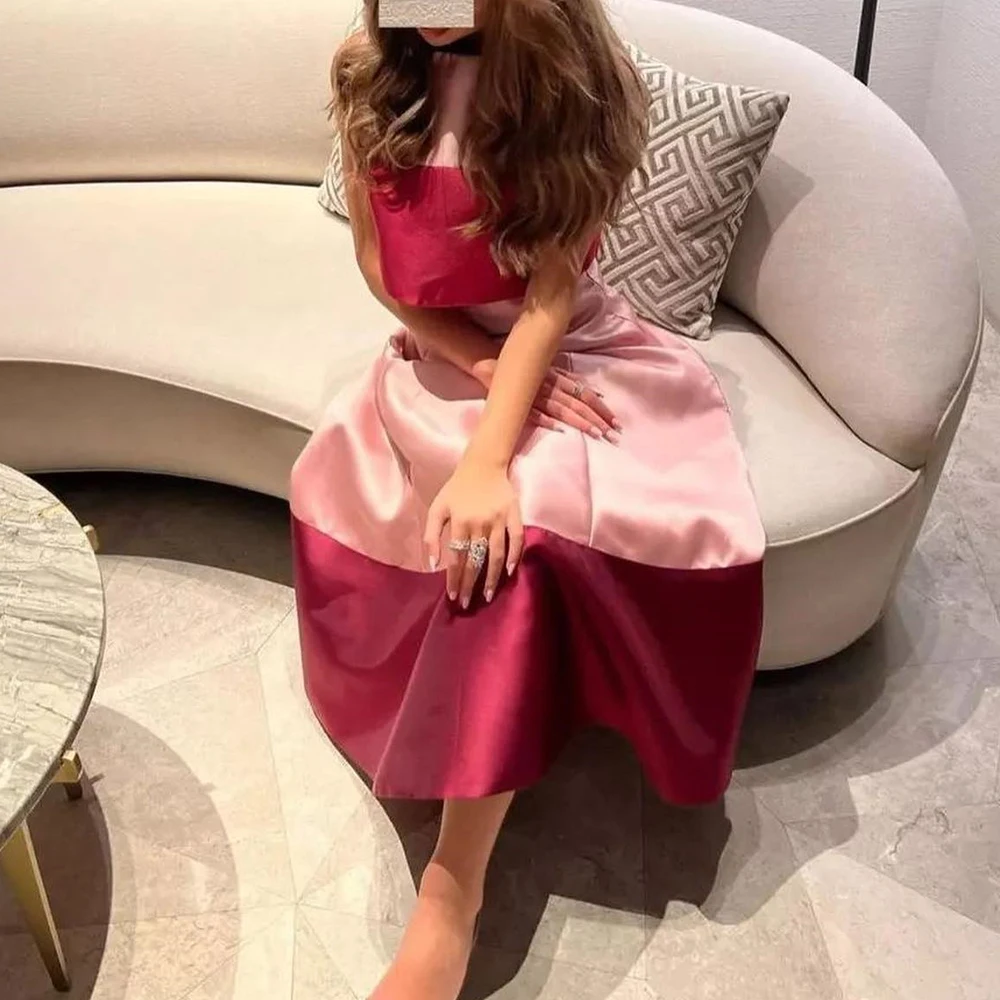 

Customized Elegant Contrast Color Crew Neck Ankle Length A-Line Satin Evening Dress Classic Sleeveless Tiered Vestidos De Fiesta