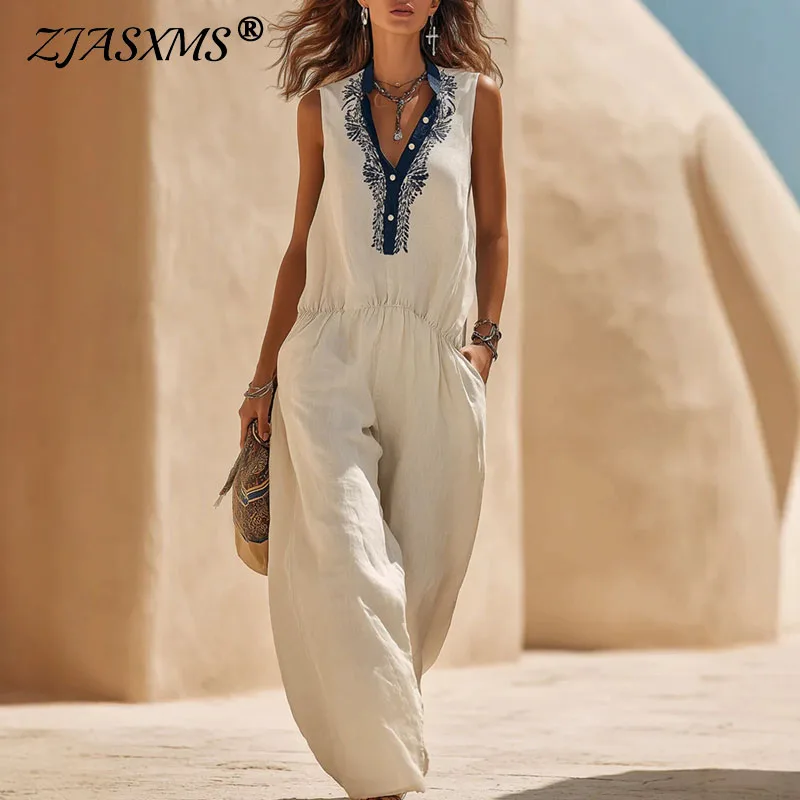 

2026 Summer Boho Print Women's Jumpsuit Sexy V Neck Sleeveless Wide Leg Pants Romper With Pockets Casual Beach Vacation Overalls