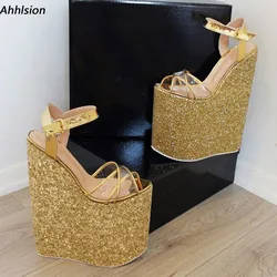 Ahhlsion nuove donne sandali con cinturino alla caviglia zeppe glitterate tacco alto punta aperta bellissime scarpe Champagne dorate signore US Plus Size 4-15