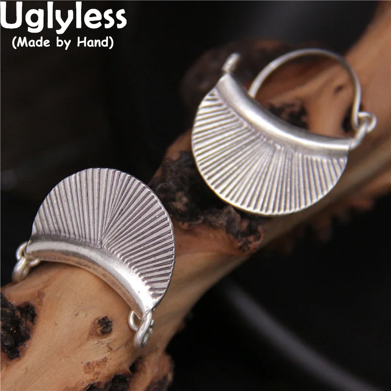 

Uglyless Fan-shaped Exotic Hoops Earrings for Women Real 925 Sterling Silver Earrings Vintage Ethnic Brincos Thai Silver Jewelry