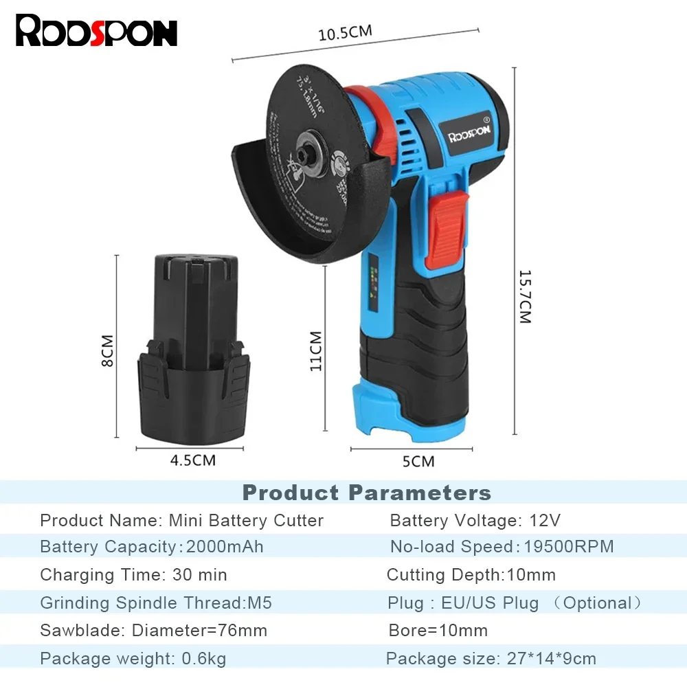 RDDSPON Brushless Lithium Battery Electric Angle Grinder 12V 500w Rechargeable Cordless Polishing Cutting Grinding Machine