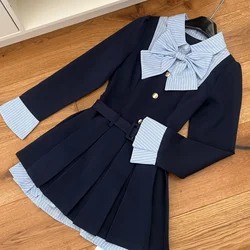 American Vintage Mini Dress Women Casual Y2k Retro Evening Party Dress Bow Long Sleeve Chic 2000s One Piece Dress Korean Autumn