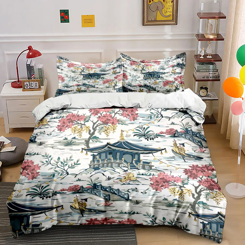 Vintage Oriental Chinese Pavilion Floral Bedding Set, Cherry Blossom River Boat Fisherman Print 1 Duvet Cover 2 Pillowcase,Gift