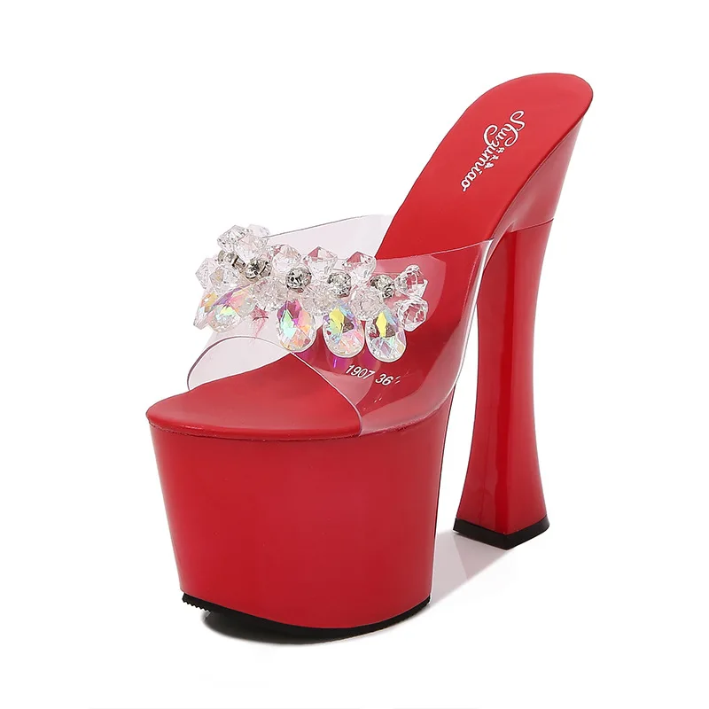 

Блестящие прозрачные сандалии на платформе и каблуке 20 см, вечерние туфли на толстом каблуке со стразами и кристаллами для женщин, летние банкетные тапочки