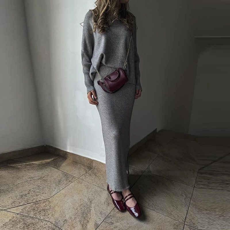 Female Turtleneck Sweater + Half Skirt Suit Vintage Solid Long Sleeve Slim Outfit 2024 Autumn Winter Loose Knitted Two Piece Set