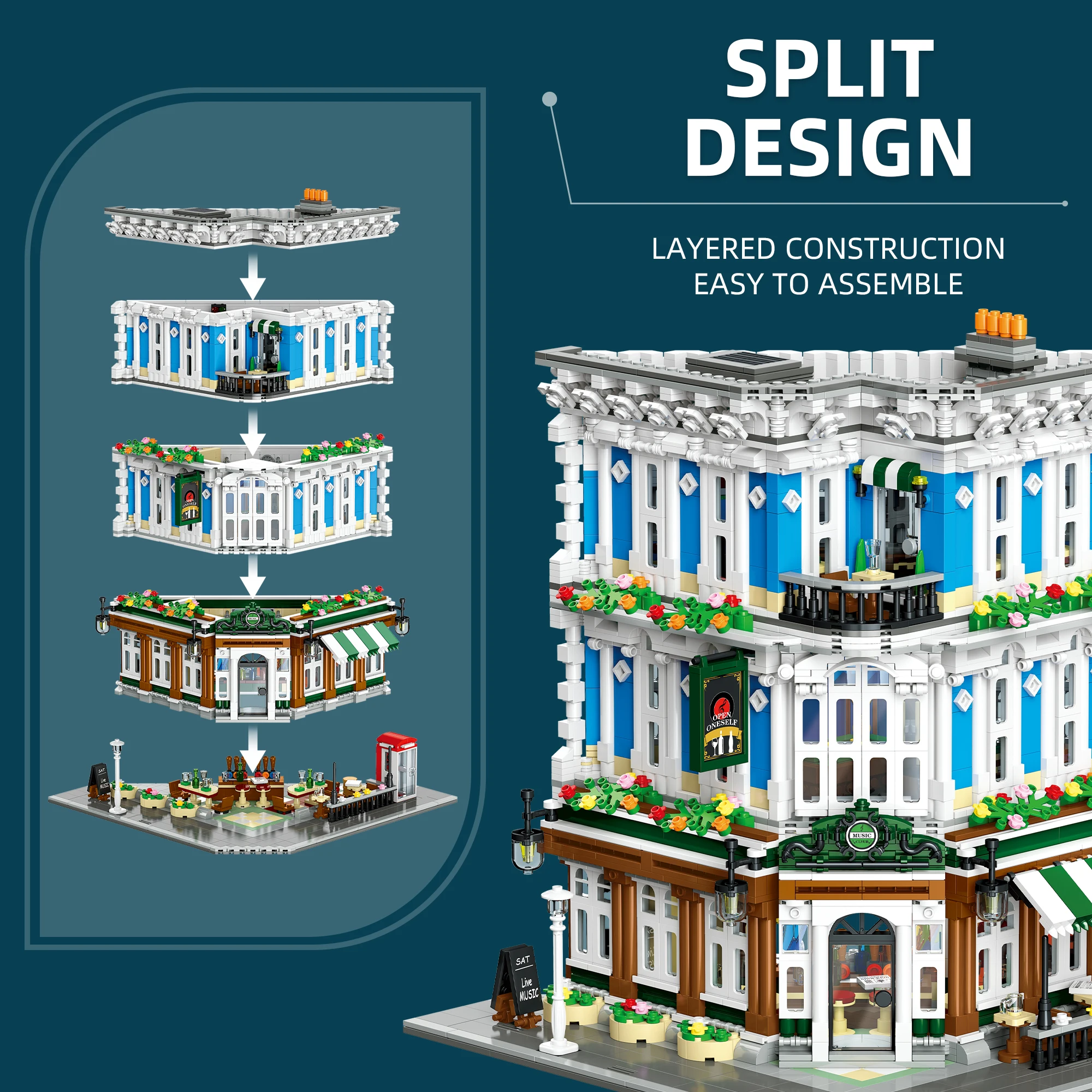 MOC Music Club DIY Building Blocks, City Street View Architecture with Stage & Instruments, Micro Model Kit for Adult Collectors