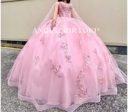 ANGELSBRIDEP Pink Quinceanera Dress with Cape Ruffles Beading Sequin Lace Vestidos De 15 Anos Formal Princess Party Ball Gown