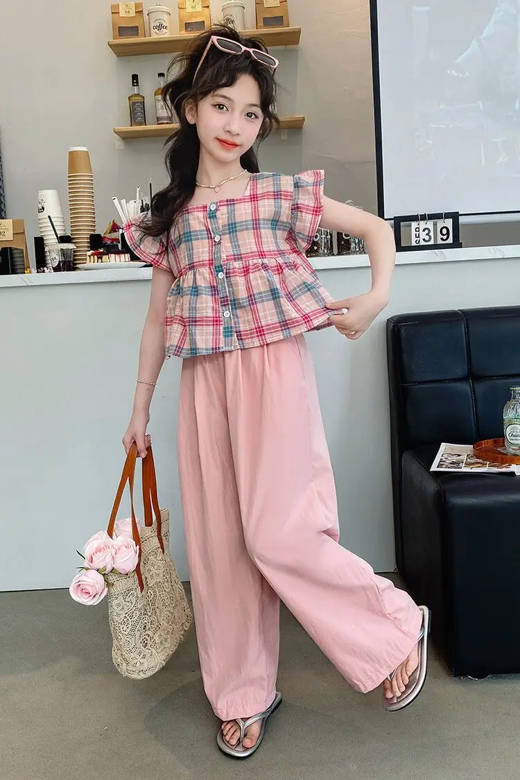 2026 Summer Baby Girls Cotton Crop Plaid Ruffled Sleeves Shirt Top+Plain Pant Set Kids 2PCS Tracksuit Children Vacation Outfit