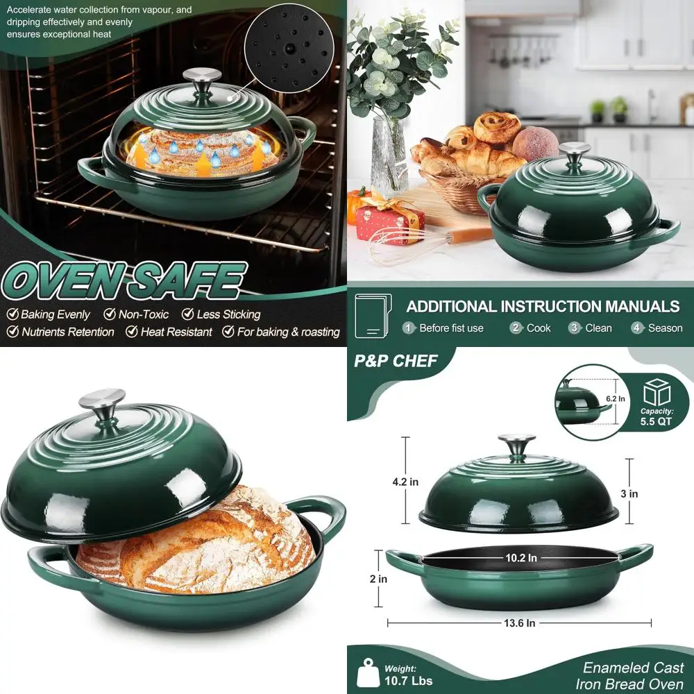 

Enameled Cast Iron Dutch Oven, 5.5 Quart, Ideal for Sourdough Bread Baking, Even Heat Distribution, Easy Clean, Dark Green