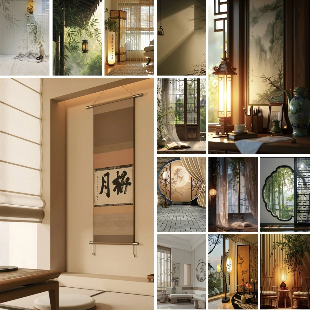 

MOON.QG Serene Oriental Study Backdrop Traditional Lanterns Porcelain Vases Backgrounds For Photographs Accessories Portrait