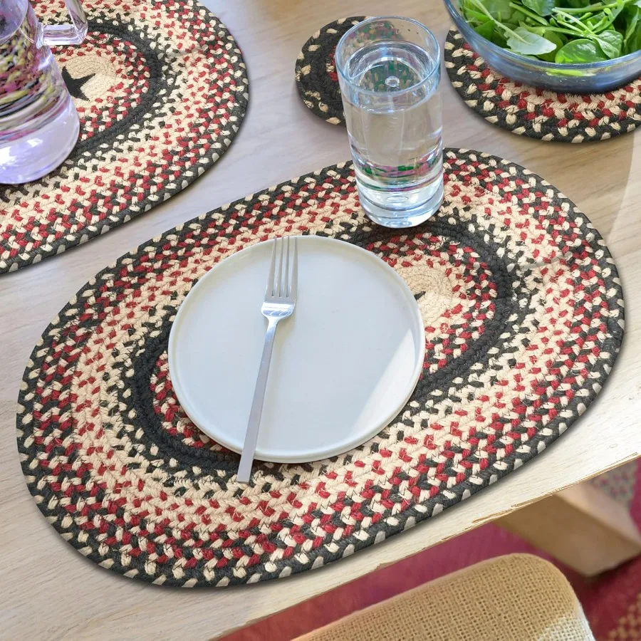 

Primitive Star Gloucester Jute Braided Oval Placemats for Rustic Dining Room Decor Set of 6 13x19 Inch Black and Red Table Mats