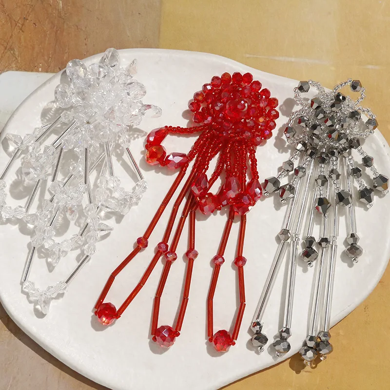 

5pcs Long tassel crystal flower patch DIY crystal fashion beads pearl tassel accessories Retro Applique patches For Clothing