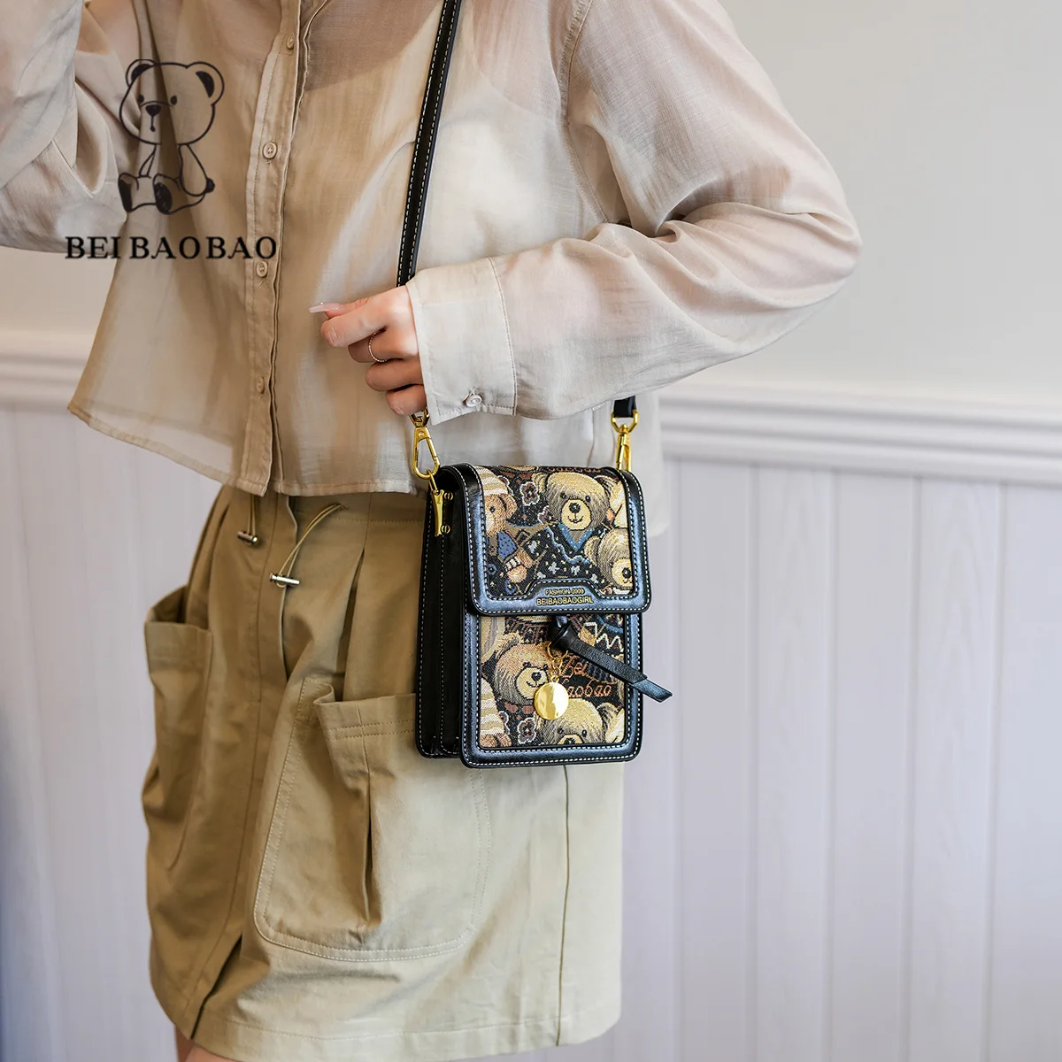 Beibaobao 2024 New Fashion Instagram Style One Shoulder Crossbody Bag Casual Retro Versatile Mobile Bag Cartoon Bear Women's Bag