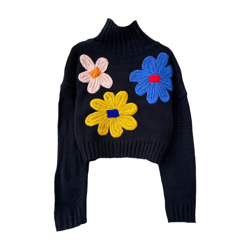 

2023 New Autumn Winter Women Thicken Turtleneck Pullover Sweater High Quality Sweet Colorful Flowers Crocheted Knitted Sweater