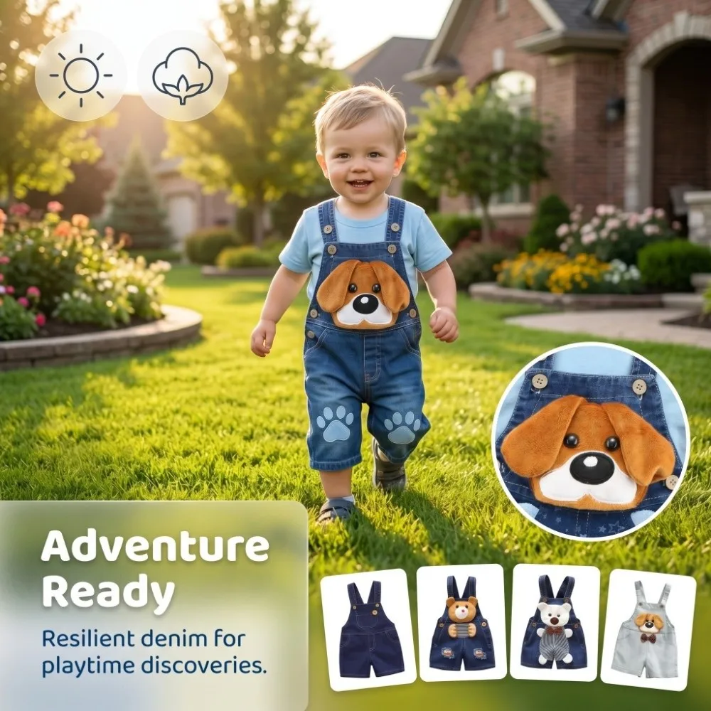 Cartoon Print Kids Denim Overalls Denim Fabric Short Children Denim Dungarees Casual Lightweight Denim Jeans Overalls