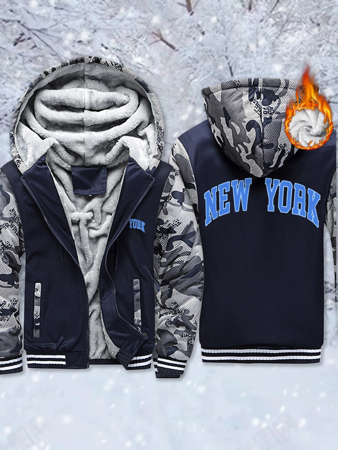 

New York Letter Blue Print Male Zipper Jackets Heavyweight Fashion Jacket Thick Fleece Hoodies Casual Soft Warm Sweatshirt