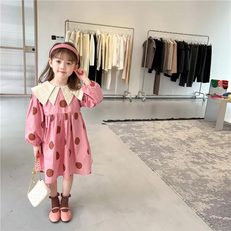 2024 Spring New Korean Children Wear Girl Sweet Princess Style Full Print Polka Dot Pointed Neck Bubble Sleeve Dres