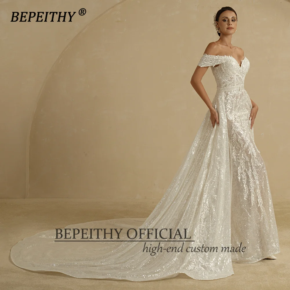 BEPEITHY Customized Sequins Mermaid Wedding Dresses 2022 For Women 2 In 1 Detachable Train Lace Bridal Gown Beach Vestido Novia