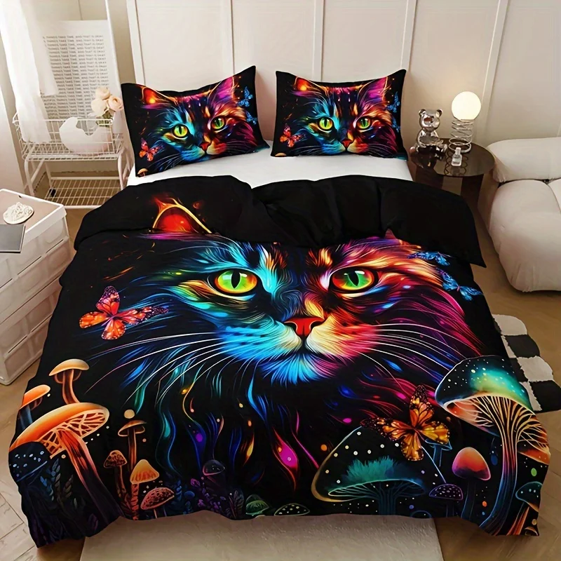 

Kitten And Mushroom Duvet Cover Set Soft Breathable HD Printing Bedding Set For Home Dorm Decor