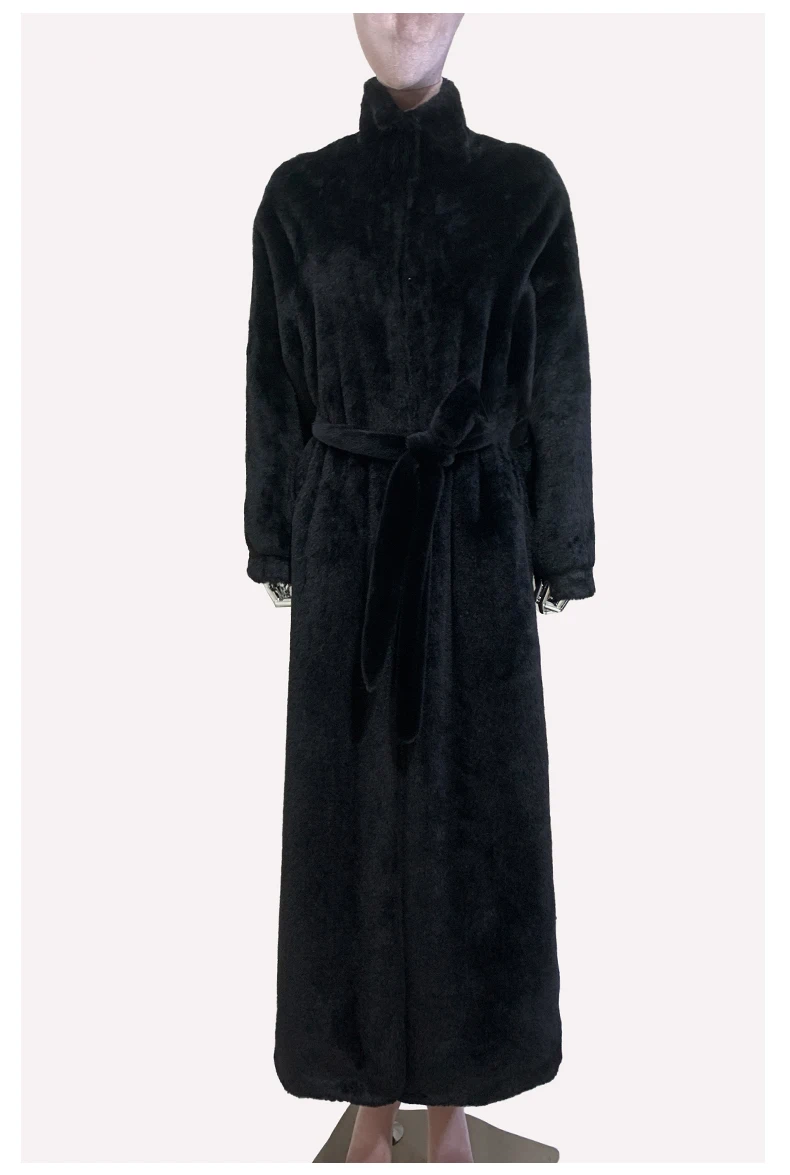 Nerazzurri Winter Extra Long Black Fluffy Thick Warm Soft Faux Rex Rabbit Fur Coat Women Stand Collar Sashes Maxi Furry Overcoat