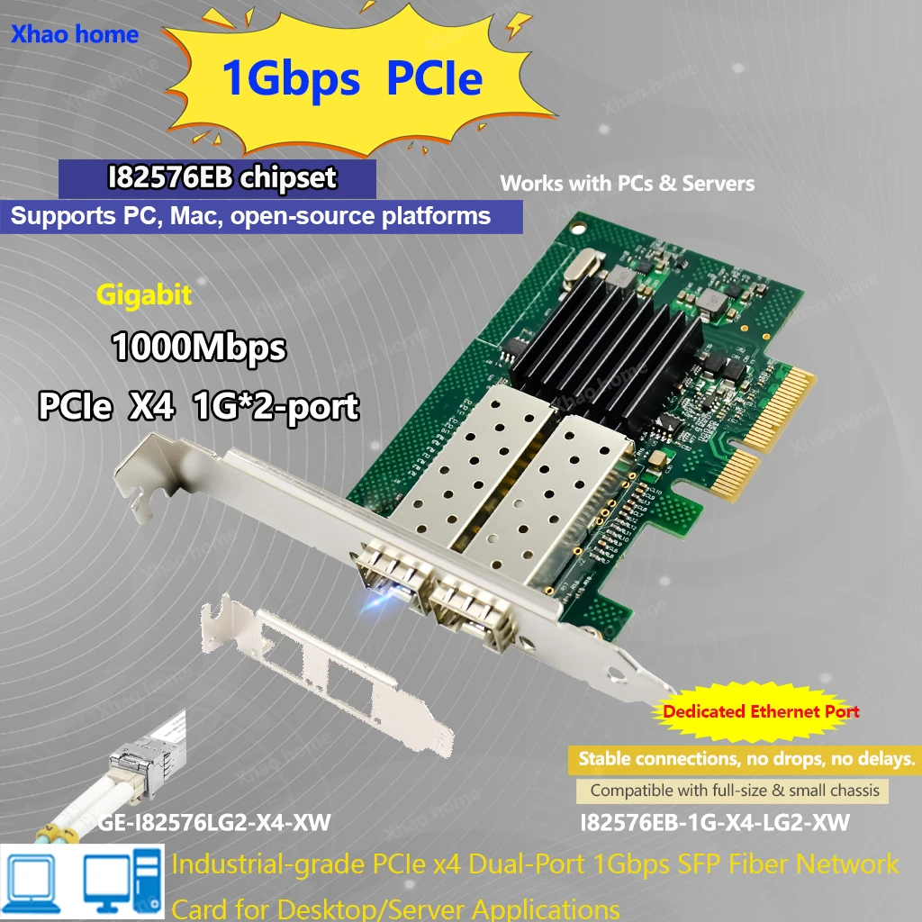

Сетевая карта PCI-E Gigabit Fiber SFP для одно-/многорежимного модуля Intel I82576 с чипом LC, низкопрофильный кронштейн, настольный компьютер Wake-on-LAN