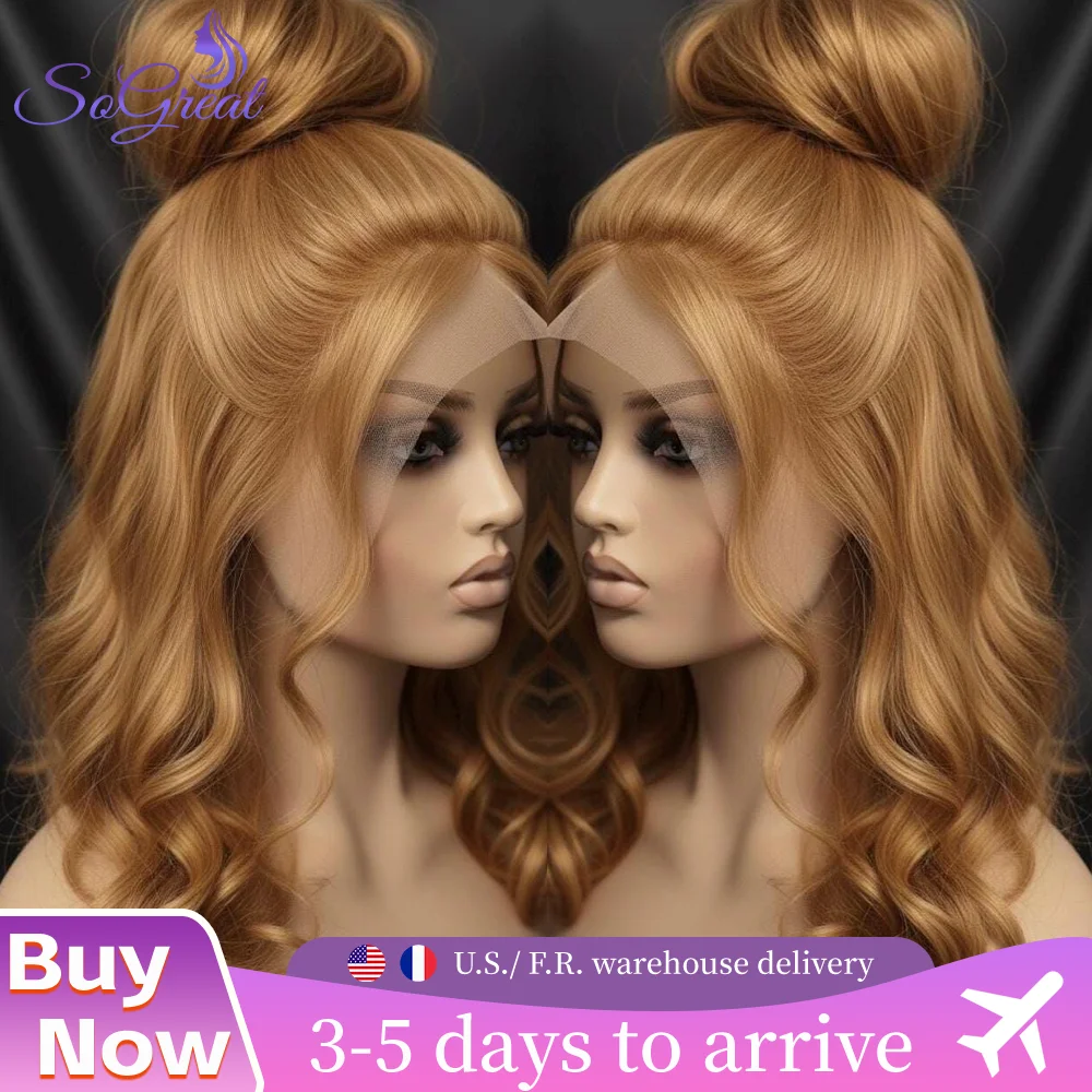 

Парик из натуральных волос Honey Blonde 13x6 HD Lace Front, 200% плотность, волнистый, цвет 27 # Предварительно подготовленные бразильские волосы
