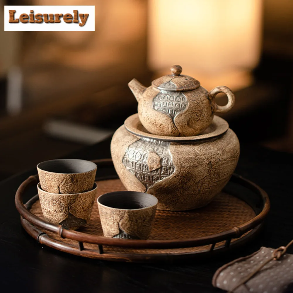 Handmade Old Rock Mud Thousand Buddhas Tea Set Complete Set Tea Ceremony Set Household Teapot and Tea Cup Set Cha Teaware Craft