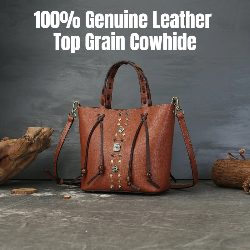 

Genuine Leather Tote Bag for Women, Top Grain Cowhide Bucket Handbag with Rivets, Vintage Color Block Shoulder Crossbody Purse