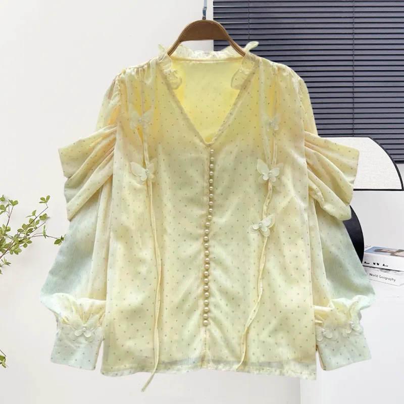 ใหม่,เกาหลี,สไตล์,Pullover,เสื้อ,เก๋,เซ็กซี่,คอวี,Patchwork,ผีเสื้อสามมิติ,ประดับด้วยลูกปัด,ผู้หญิง,แขนยาว,เสื้อ,571603