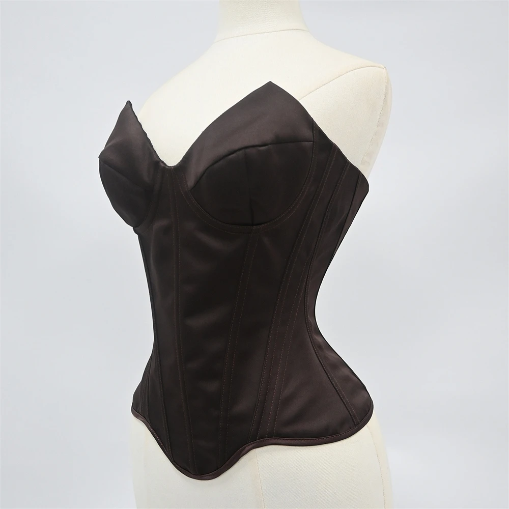 Women Luxury Brown Corset & Bustier With Bra Cup Vintage Body Shaping Lace Up Fishbone Bodice Strapless Sexy Wedding Tops