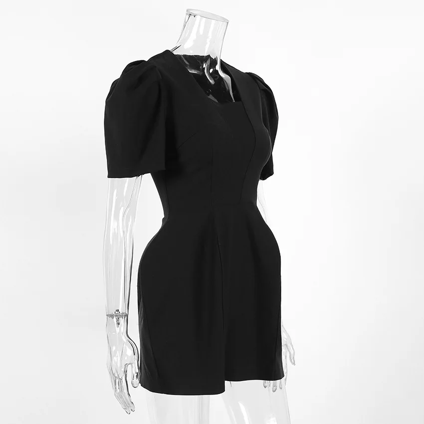 Womens Dresses 2026 New Spring Summer Solid Color Square Neck Bubble Sleeves Cinched Waist Commute Elegant Mini Dress