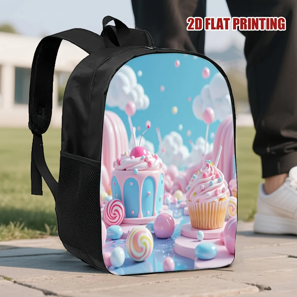 

1 Sweet Fantasy 2D Flat Print Backpack - Stylish Pink Polyester Backpack with Removable Shoulder Strap, Romantic Ice Cream