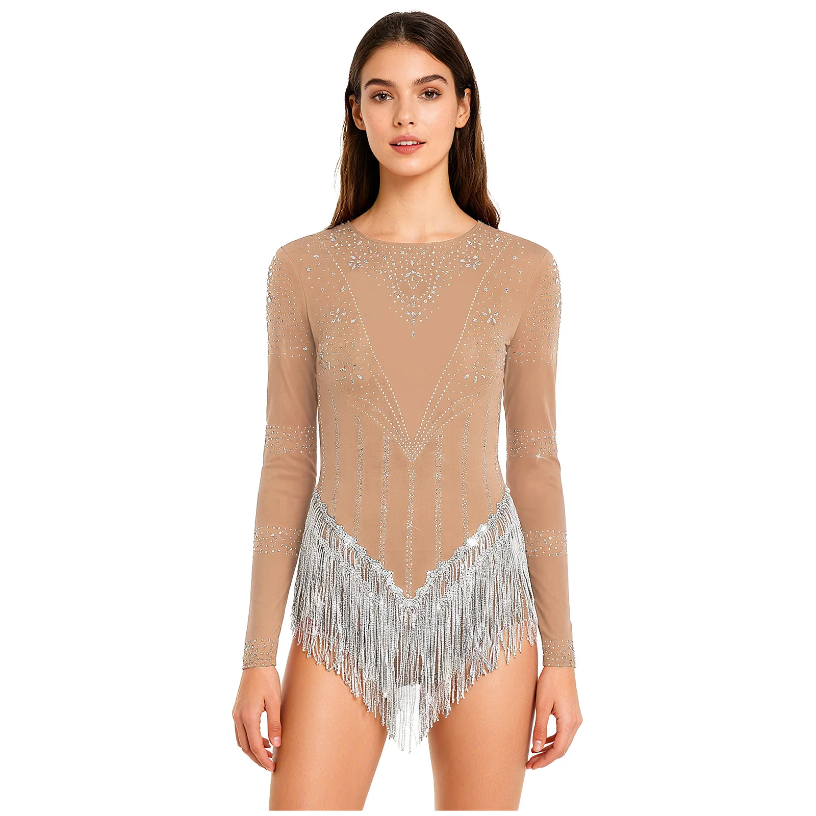 

Women Rhythmic Figure Skating Latin Salsa Dance Performance Bodysuit Rhinestones Decor Latin Chacha Dance Performance Leotards