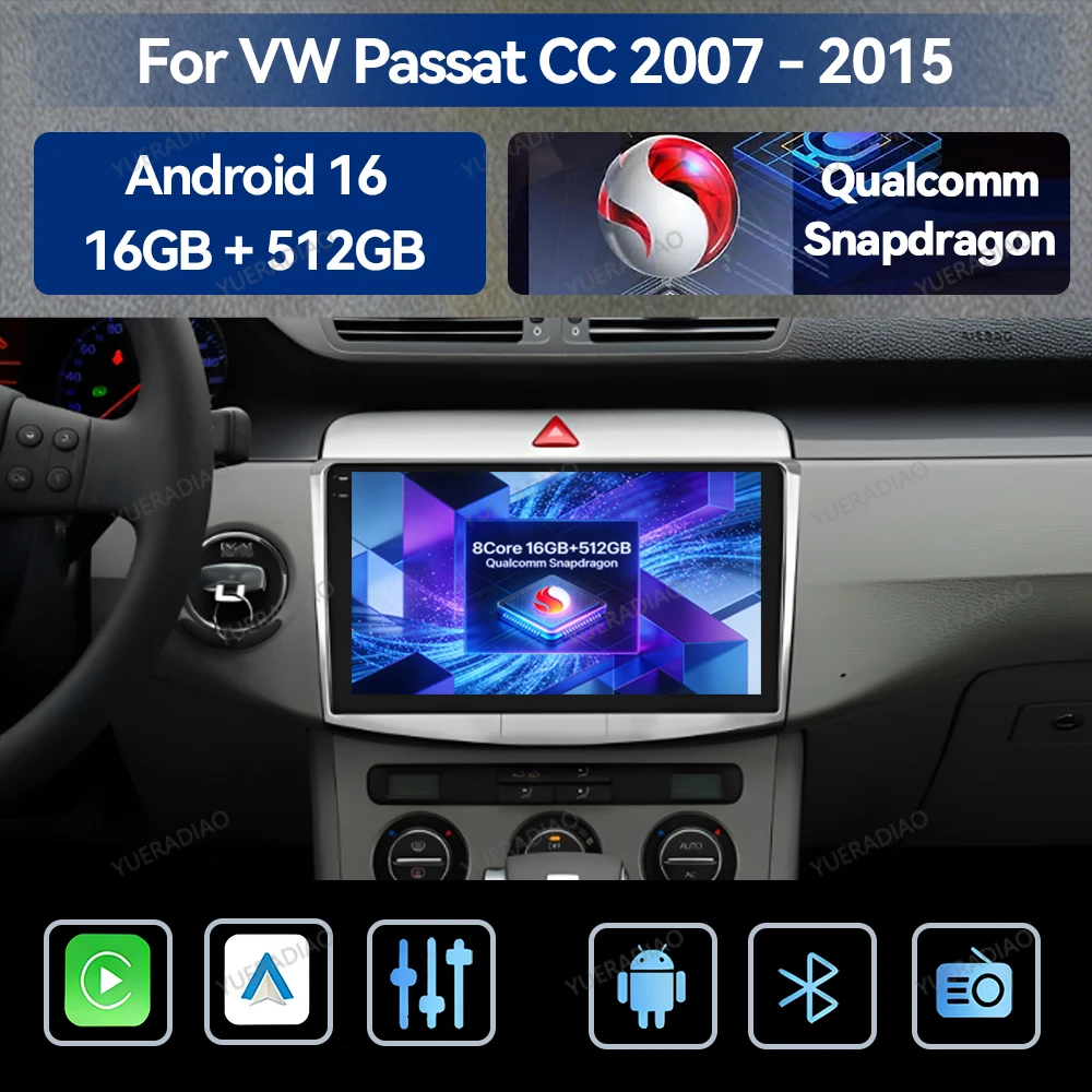 Android 16 Car Radio For VW Volkswagen Passat B7 B6 CC 2007 2008 2009 2010 2011 2012 2013 2014 2015 GPS NAVI QLED BT 4G WIFI