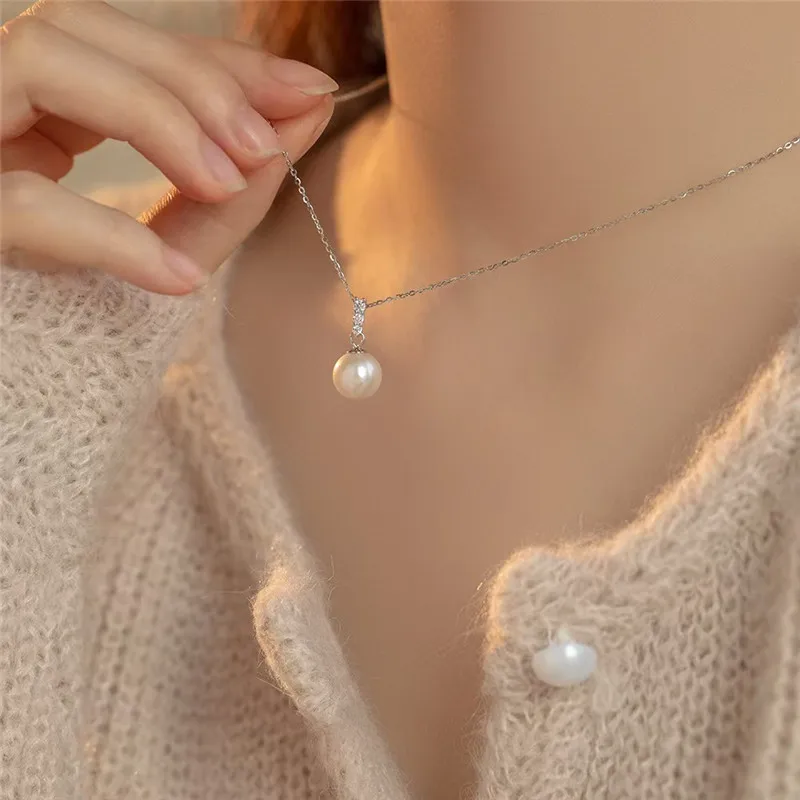 

S925 Sterling Silver Electroplated 14K Gold French Elegant Pearl Pendant Necklace For Women Simple Girlfriend Gift Jewelry