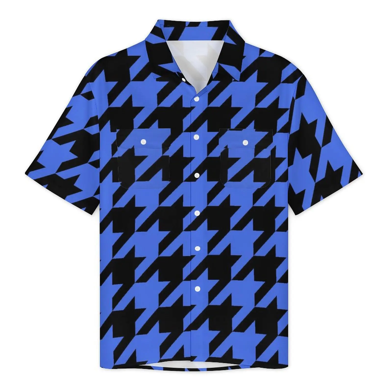 Blue Houndstooth Vacation Shirt Vintage Print Hawaiian Casual Shirts Male Classic Blouses Short-Sleeved Fashion Custom Clothing