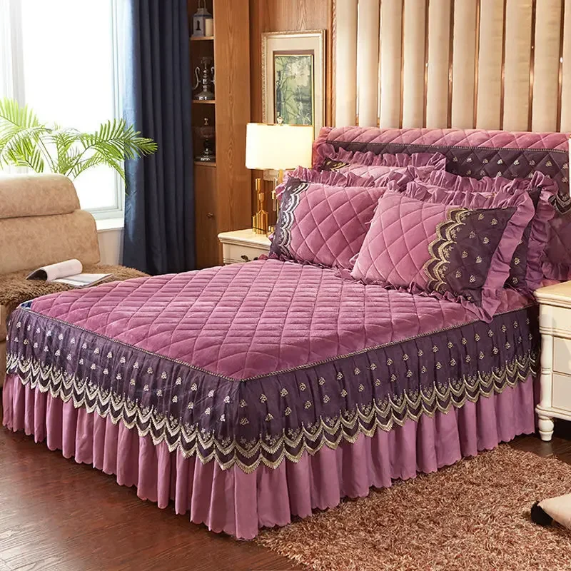 

Luxury Warm Velvet Bed Skirt Super Soft Thick Flannel Quilted Bedspread Anti-slip Bed Cover Not Included Pillowcase cubre cama