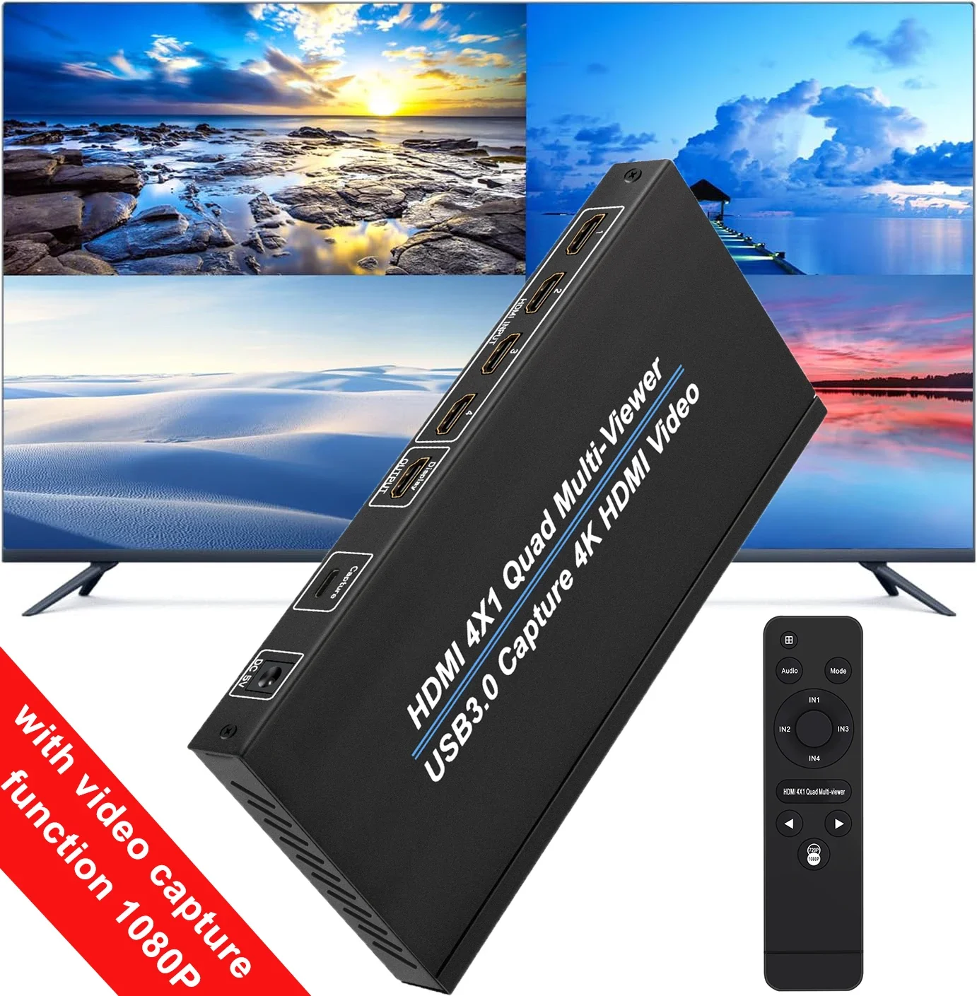 

4K HDMI Multi-Viewer 4x1 4 in 1 Out Wireless Switch 9 View Modes with USB 3.0 Video Capture Card Function 1080p 60fps Recording