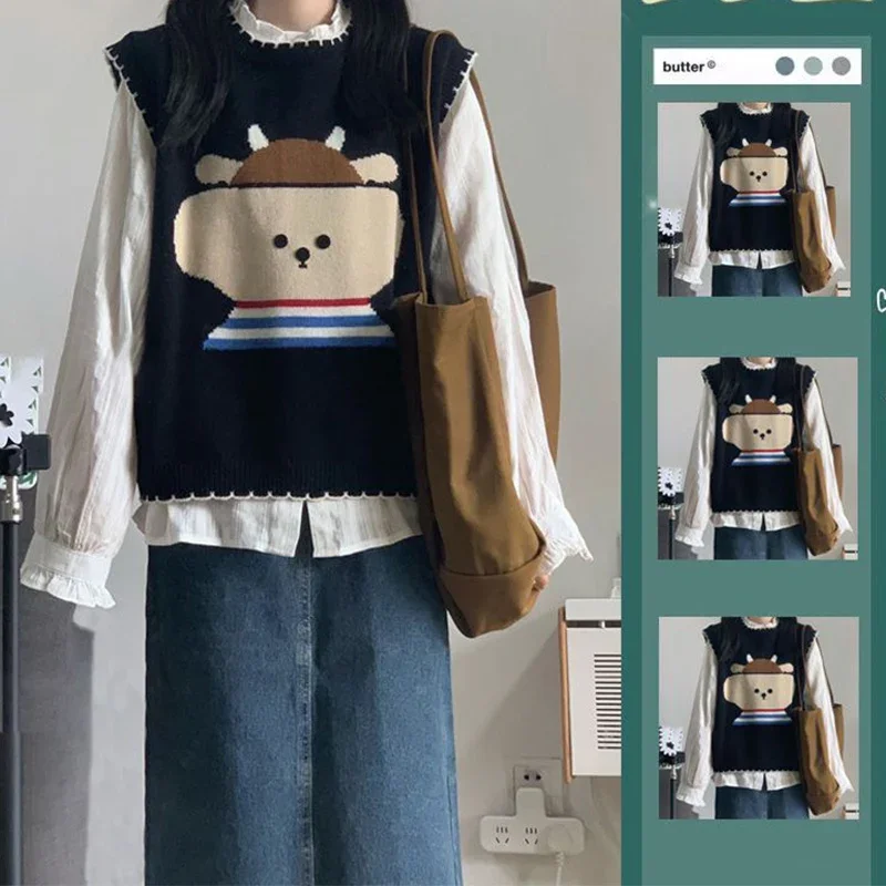 Artistic Style Retro Women's Set Spring Autumn New Knitted Sweater Vest+Petal Edge Chic Shirt Casual Two Piece Set for Women