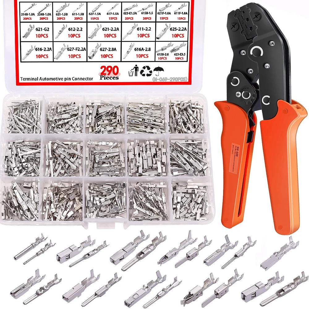 

290PCS Car Electrical Wire Terminal Pins Connector 1/1.5/1.8/2.2/2.8/3.5mm Connector Pins Male Female Crimp Pins with Pliers