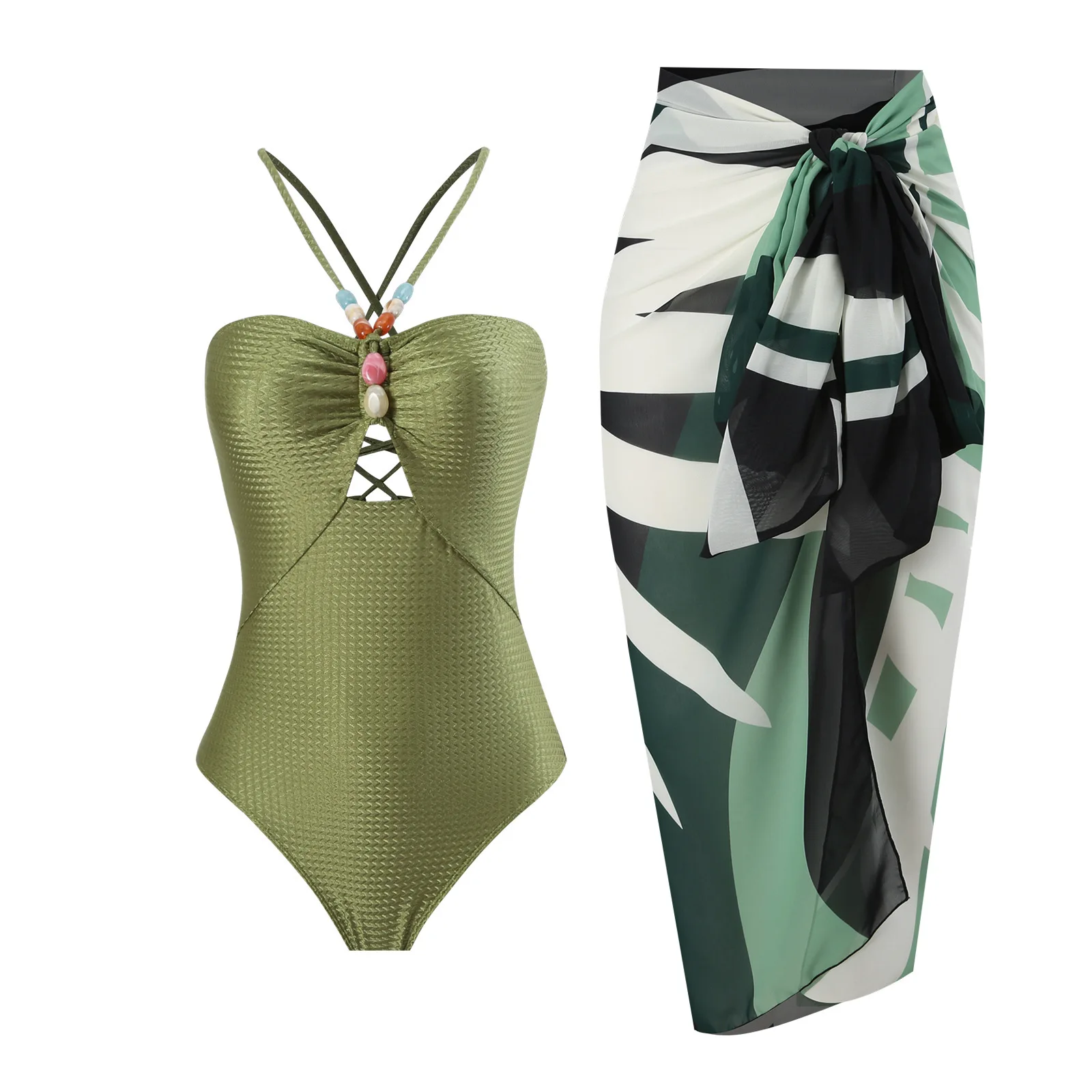 

2024 Solid color one-piece swimsuit with gauze skirt beach spa swimsuit two-piece set