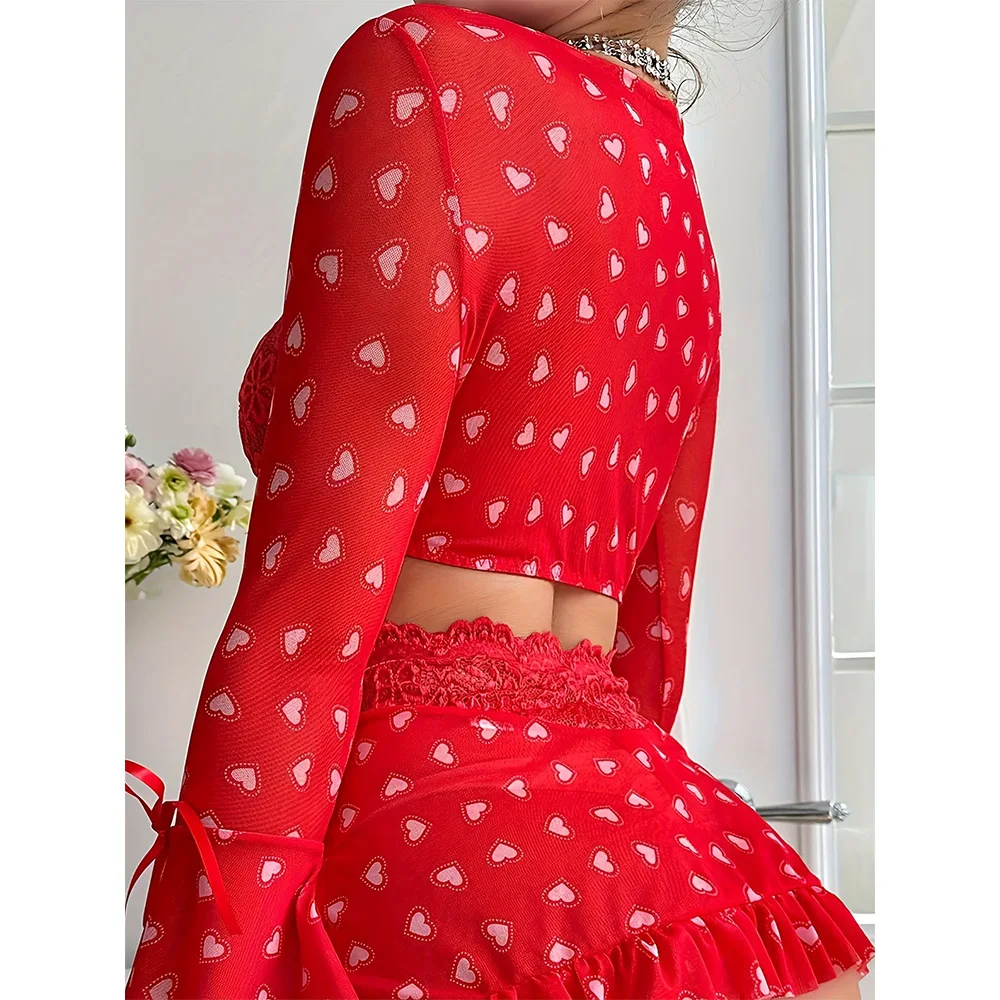 파티 발렌타인데이 선물 로맨틱한 시각의 섹시한 속옷 레드 러브 브라 짧은 치마 끈 팬티 3종 세트