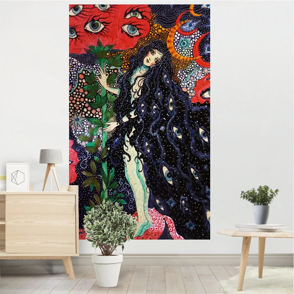 

Psychedelic Girl Tapestry Wall Hanging Botanical Celestial Floral Tapestry Hippie Eye Wall Carpets Dorm Decor Starry SkyCarpet